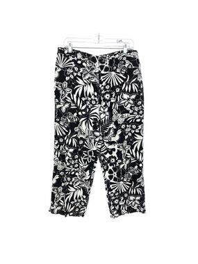 Chico's Cropped Pant Womens Sz 2 US L Linen Blend Black White Floral Print *FLAW